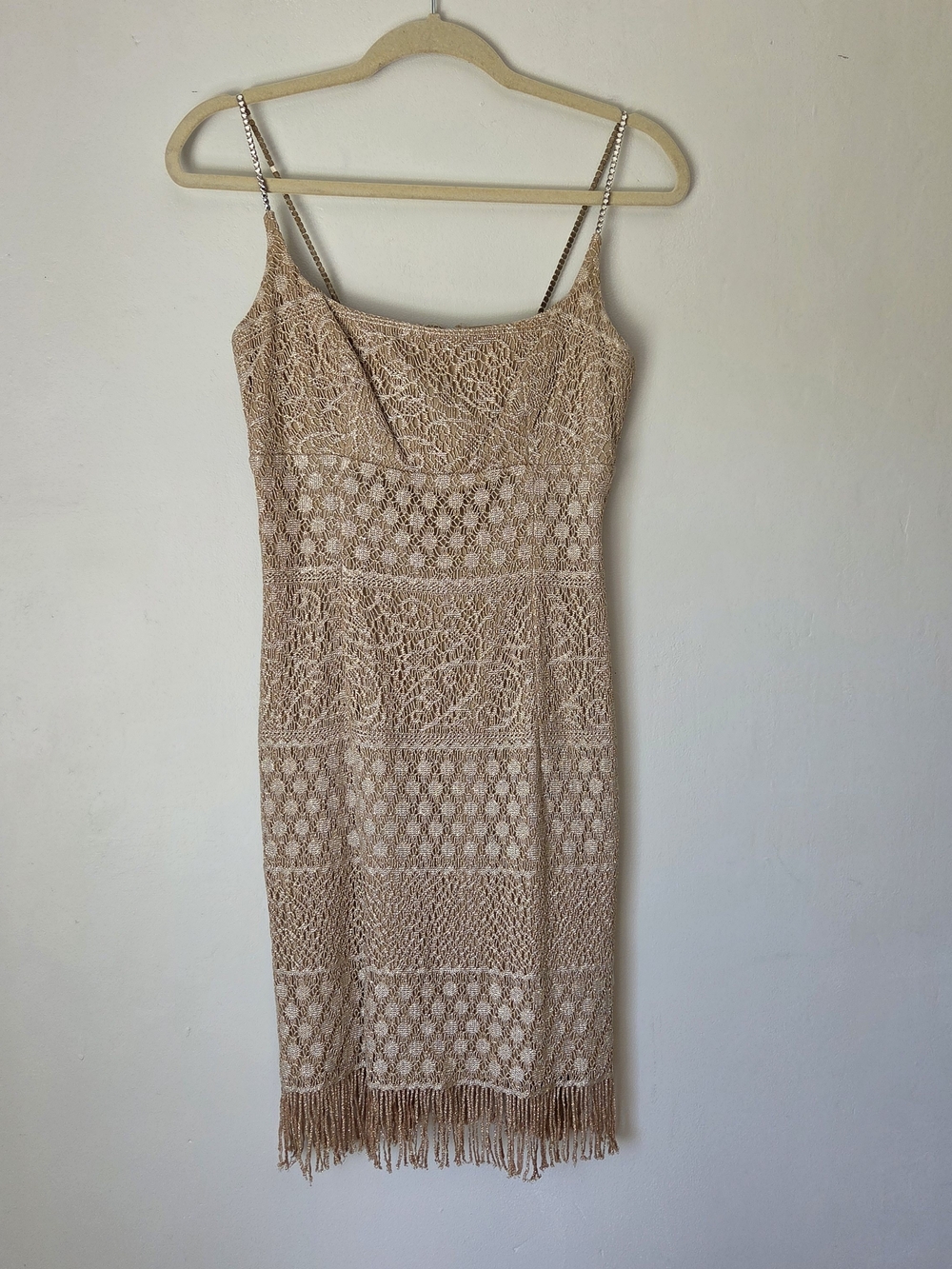 Bari Jay Crochet Fringe Elegant Midi Slip Dress in Beige Sz 7-8